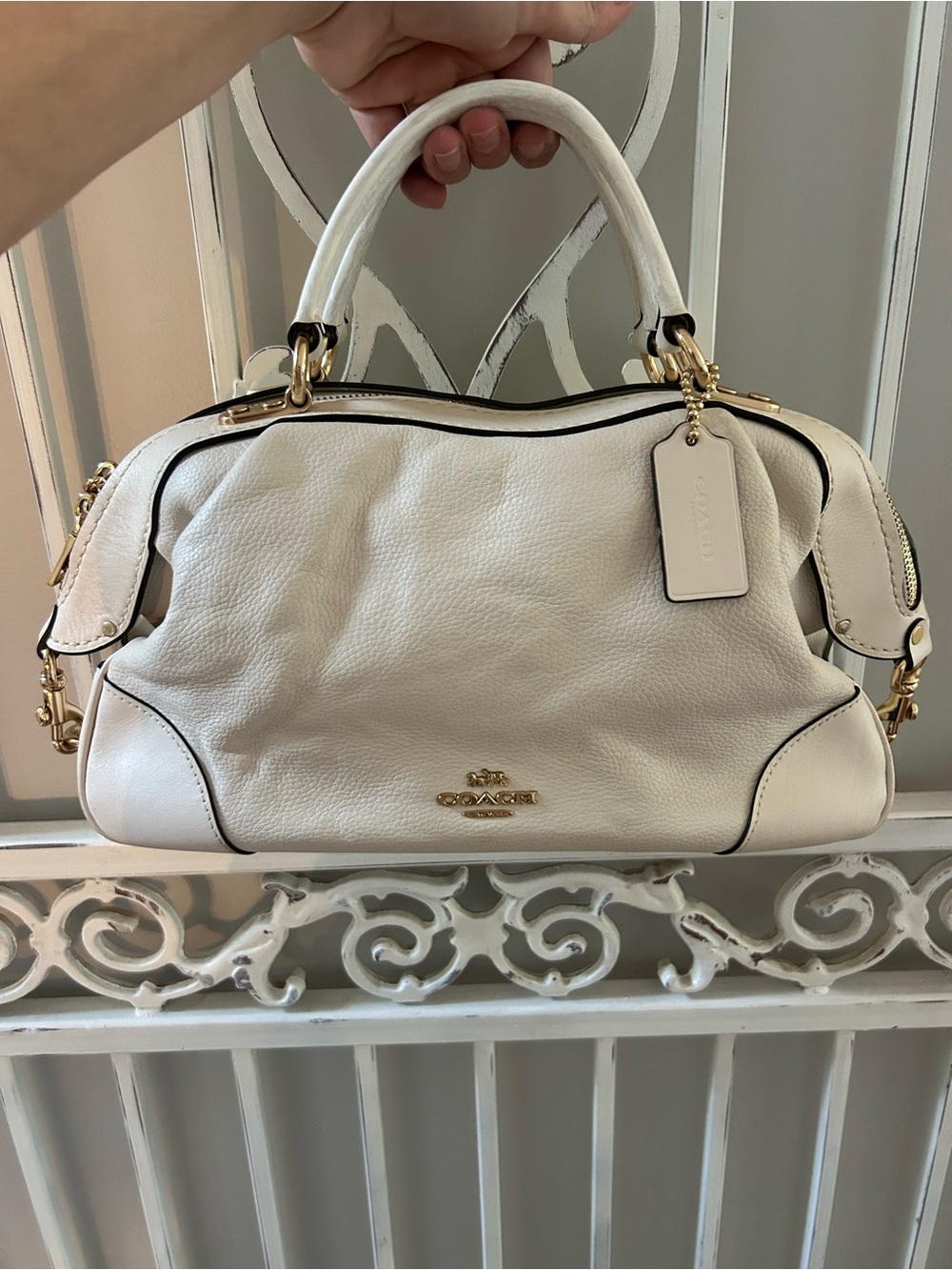 Coach Lane Satchel Pebbled Leather Ivory Cream Gold Hardware Handbag